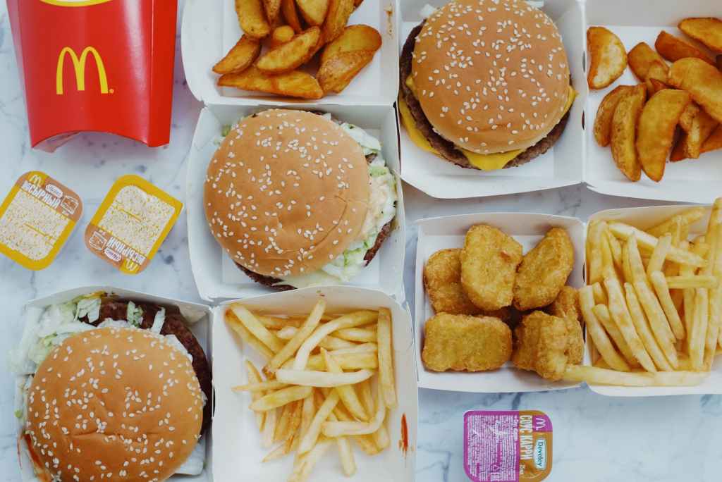 a selection of mcdonalds takeaway food order with the deliveroo app.